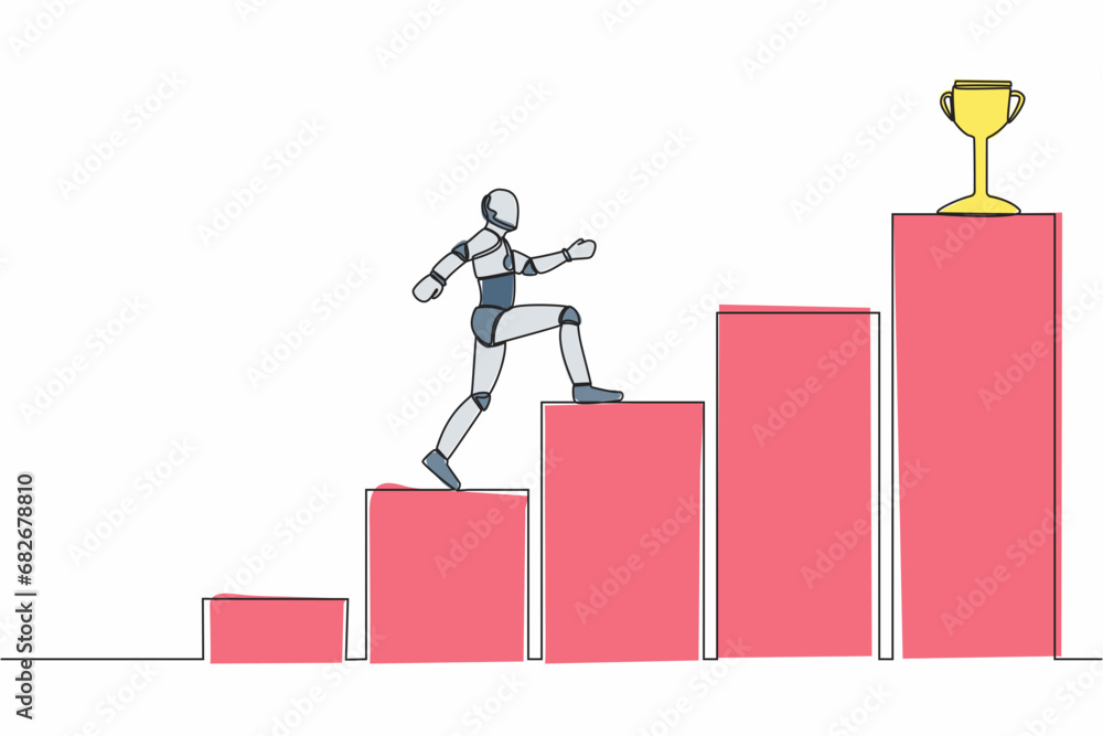 Poster single continuous line drawing of robot walking on graph staircase to get trophy. way to achieve goa