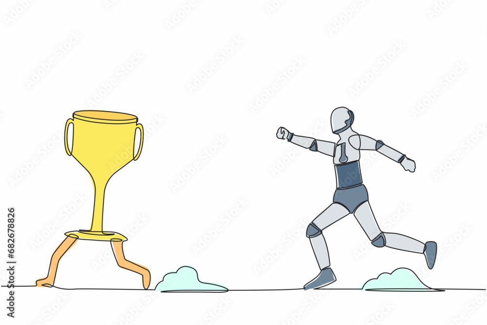 Poster single continuous line drawing robot trying to catch and running chasing after run away winner troph