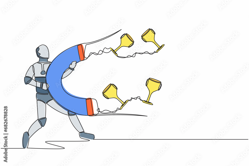Poster continuous one line drawing of robot attracting many trophy with huge magnet. achievement tech busin