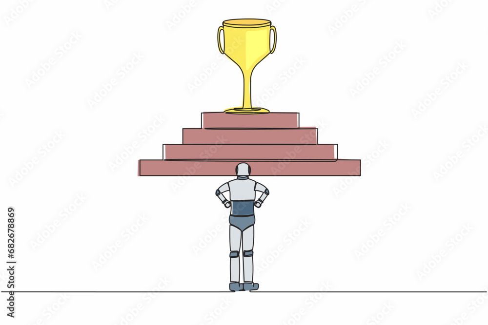 Poster continuous one line drawing robot standing in front of staircase with trophy cup on the top. path to