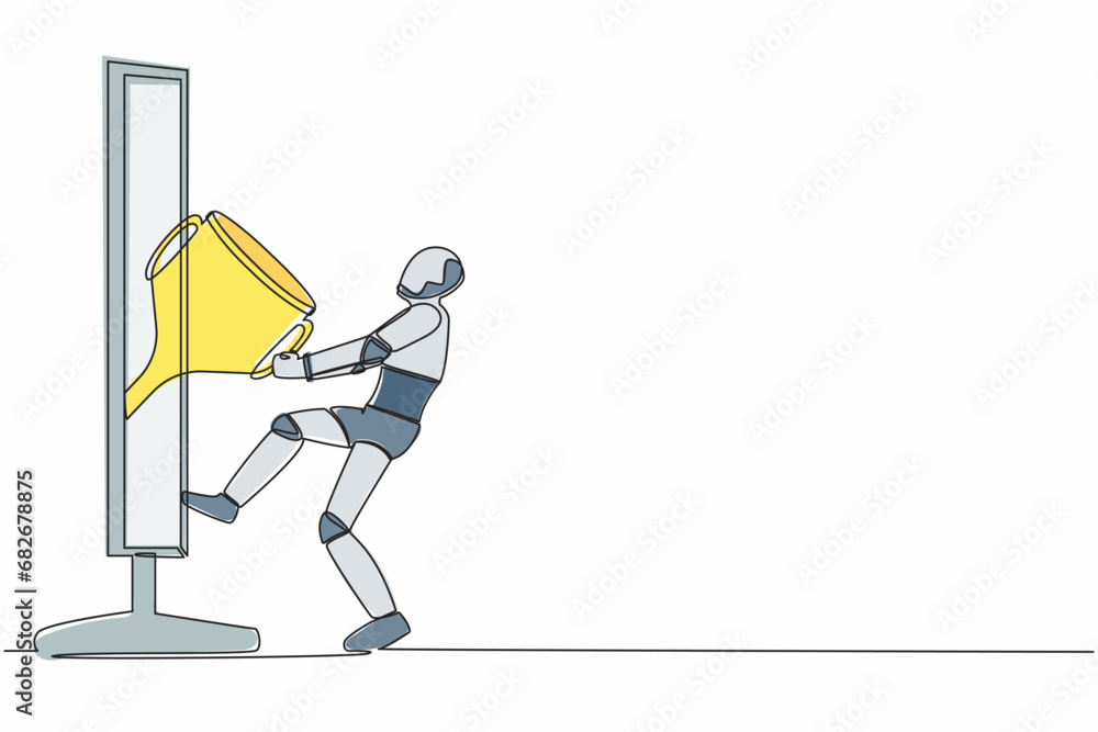 Aufkleber continuous one line drawing robot pull out trophy cup from computer screen. award on winning competi