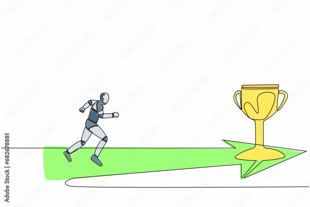 Poster single continuous line drawing of robot running to golden trophy. tech business direction. robotic a