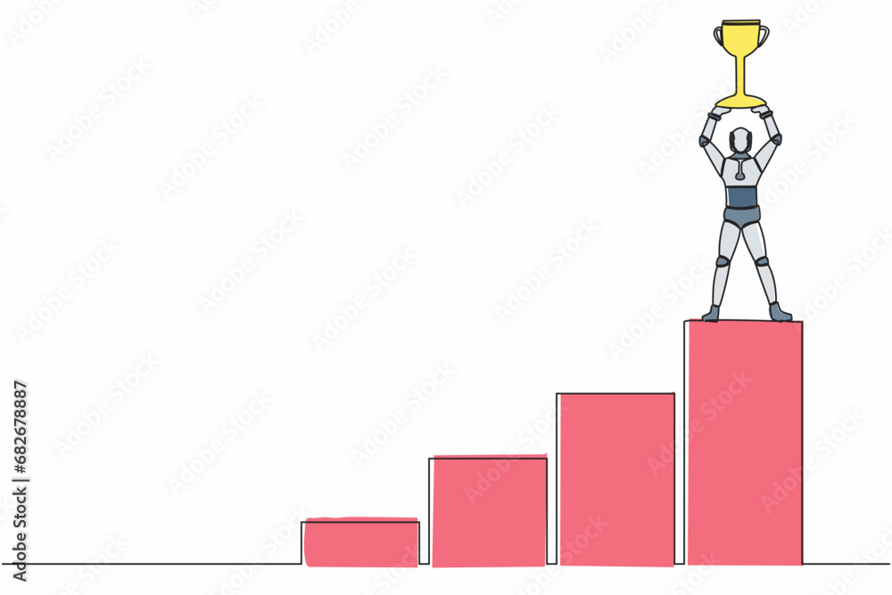 Poster single continuous line drawing robot climbing graph staircase to reach and lifting up trophy. roboti