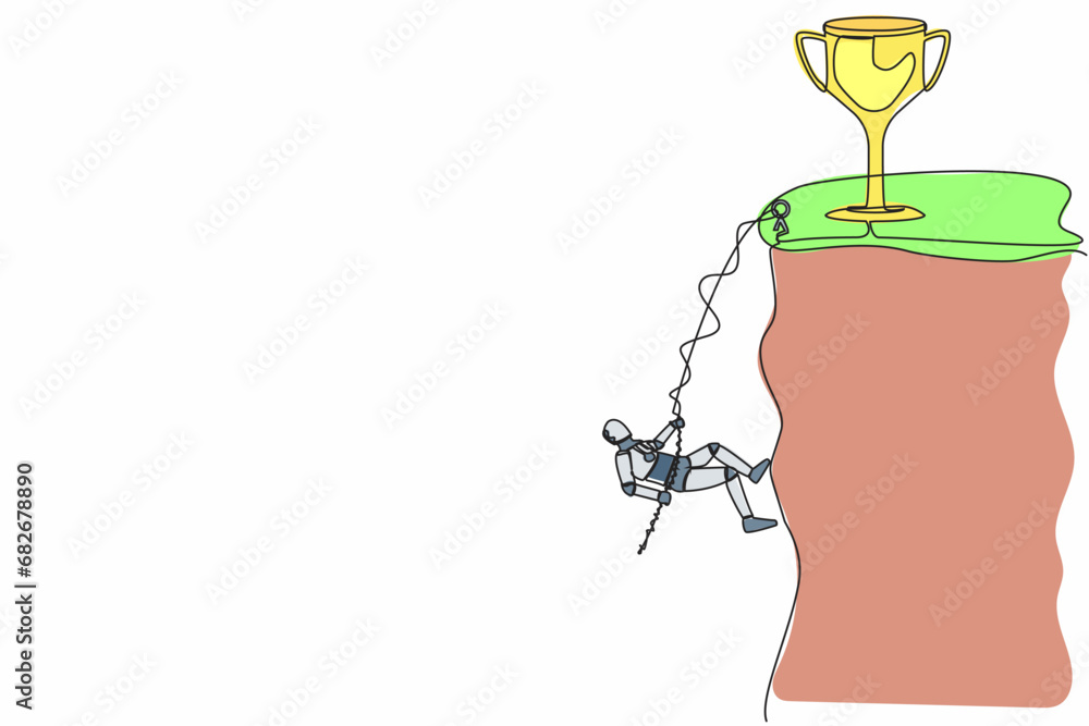 Poster continuous one line drawing robot climber hanging on rope and pulling himself on top of rocky mounta