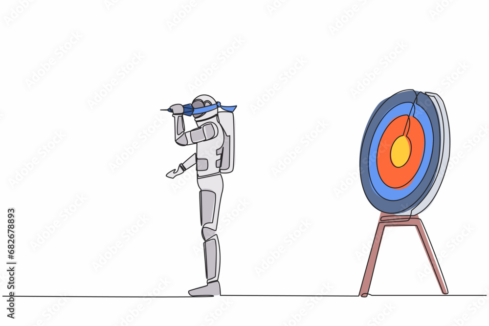 Poster continuous one line drawing young astronaut using blindfold and shoot dart on wrong target. failed s