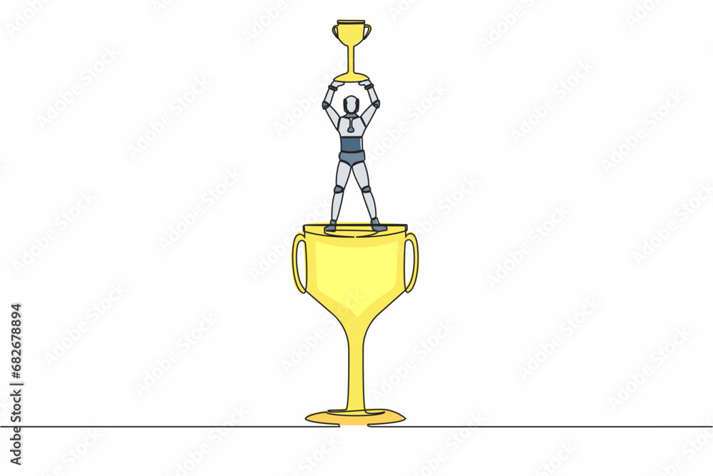 Poster single one line drawing robot standing above big trophy and lifting up winner cup. celebrating his t