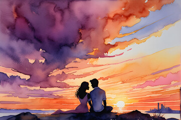 Water color of Romantic couple dating in sunset