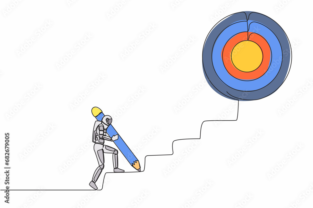 Poster single continuous line drawing astronaut use huge pencil to draw rising up stairs. strategy reach sp