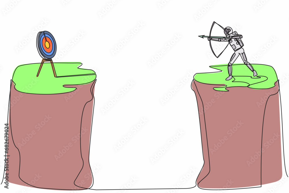 Poster continuous one line drawing astronaut standing on cliff with archer in hand. space exploration targe