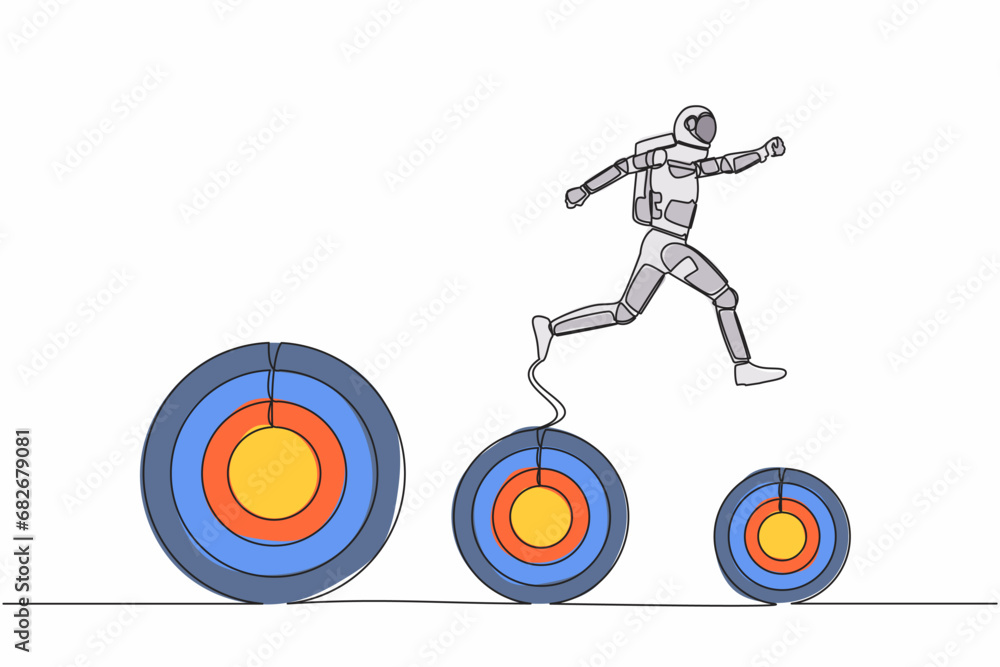Poster single one line drawing astronaut jumping up higher target goals. spaceship expedition next galactic