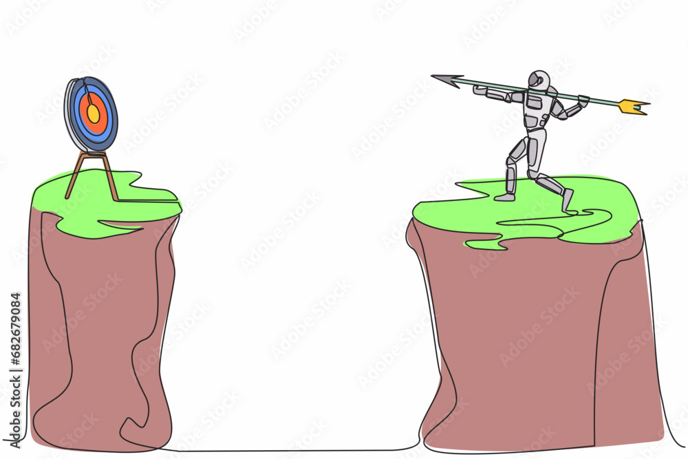 Poster continuous one line drawing astronaut standing on peak of cliff targeting dartboard with big arrow. 