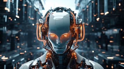 Illustration of a robotic humanoid head. Generative ai - obrazy, fototapety, plakaty