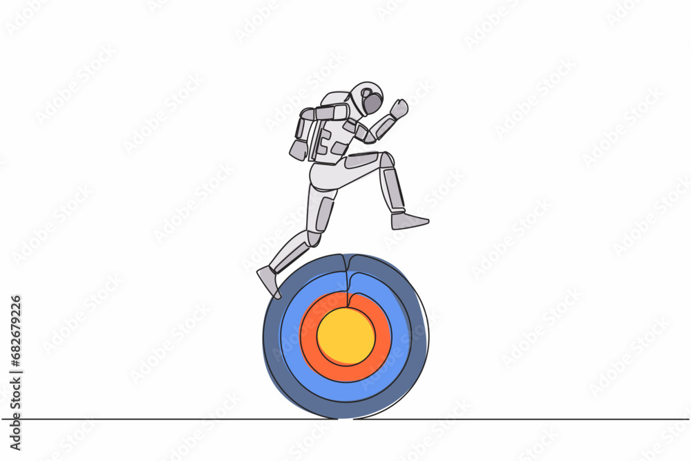 Poster single continuous line drawing astronaut running on target board in moon surface. move forward in sp