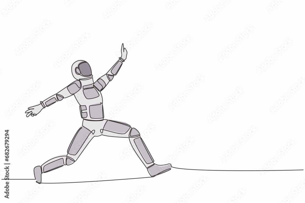 Poster single continuous line drawing happy astronaut jumping with spread both leg and raise one hand. cele