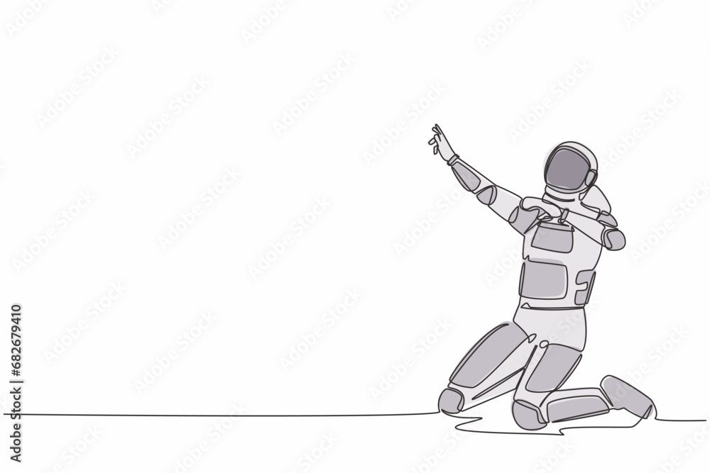 Poster single one line drawing happy astronaut kneeling with celebrating goal pose. successful spaceship bu