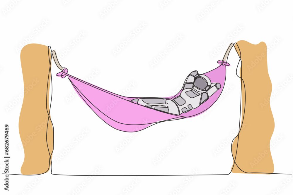 Aufkleber continuous one line drawing of happy astronaut lying and sleeping in hammock. vacation and recreatio