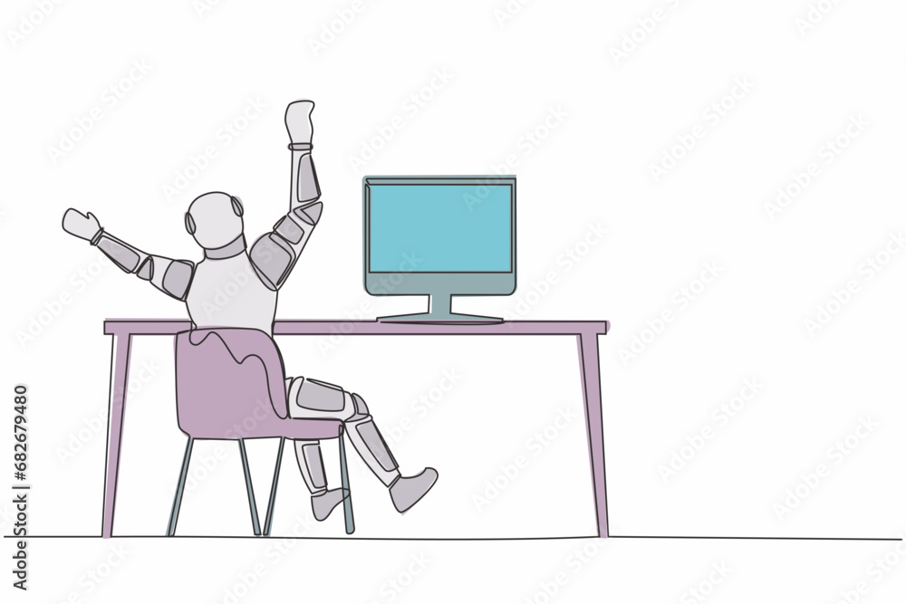 Poster single one line drawing back view of happy astronaut completed task and triumphing with raised hand 