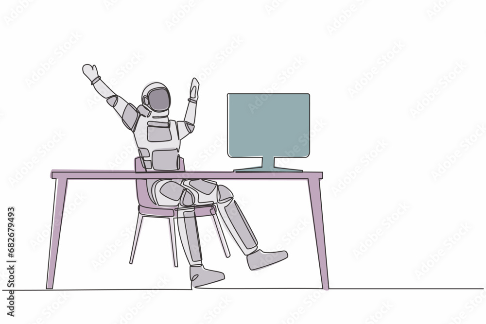 Aufkleber single continuous line drawing happy astronaut sitting with raised hands near desk with computer. ce