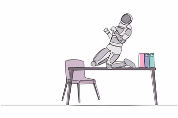 Fototapeta premium Continuous one line drawing of happy astronaut kneeling with celebrating goal pose on desk. Celebrate successful space expedition. Cosmonaut outer space. Single line graphic design vector illustration