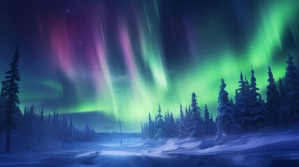 Aurora borealis above snowy dark forest nature. Green northern lights above mountains. Night sky with polar lights. Night winter landscape.