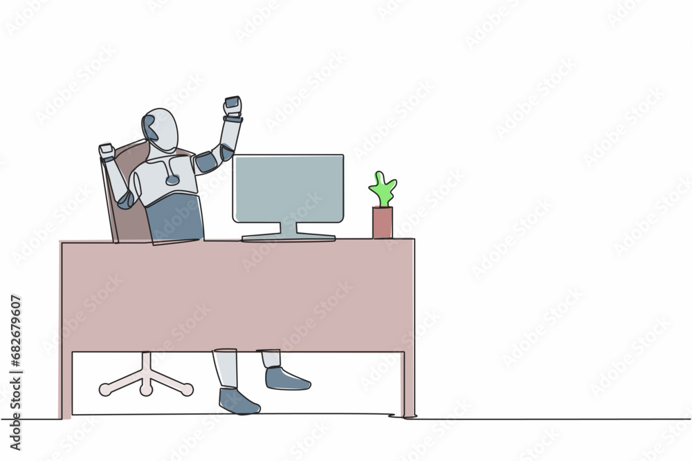Poster continuous one line drawing happy robot sitting on workplace with raised one hand high and raised th