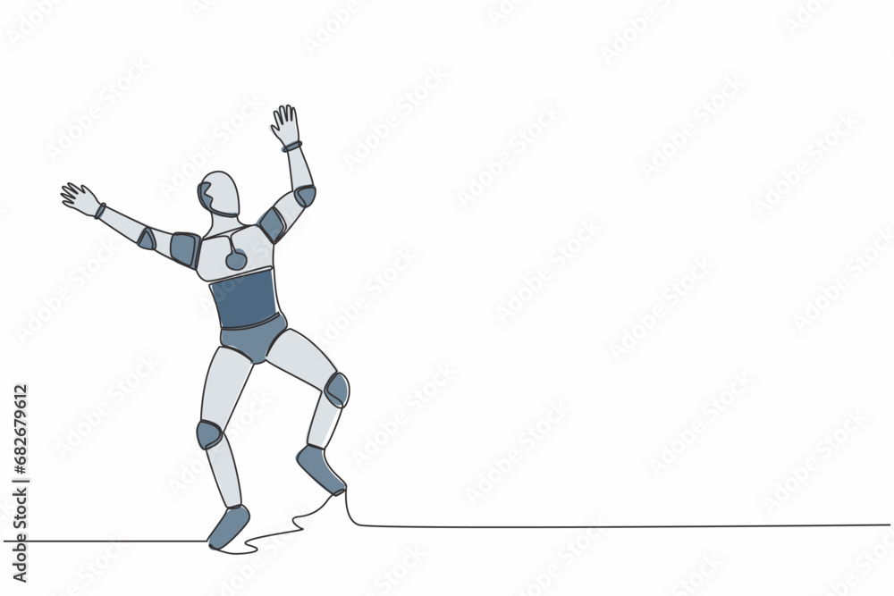 Poster continuous one line drawing happy robot jump with both hands raised. successful in tech business pro