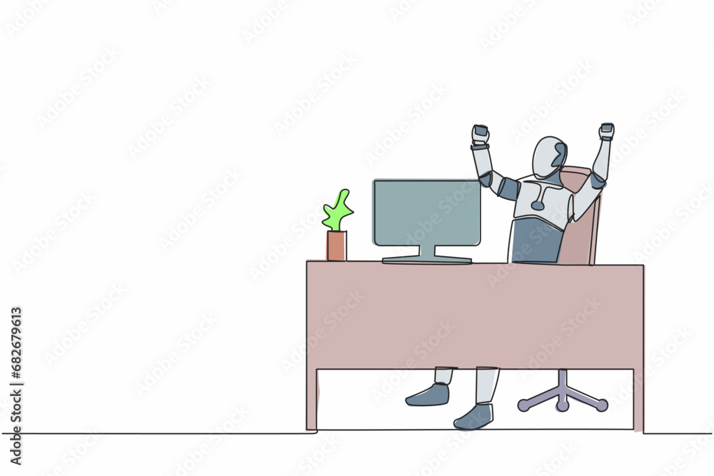 Aufkleber single one line drawing happy robot sitting with raised hands near desk computer. successful busines