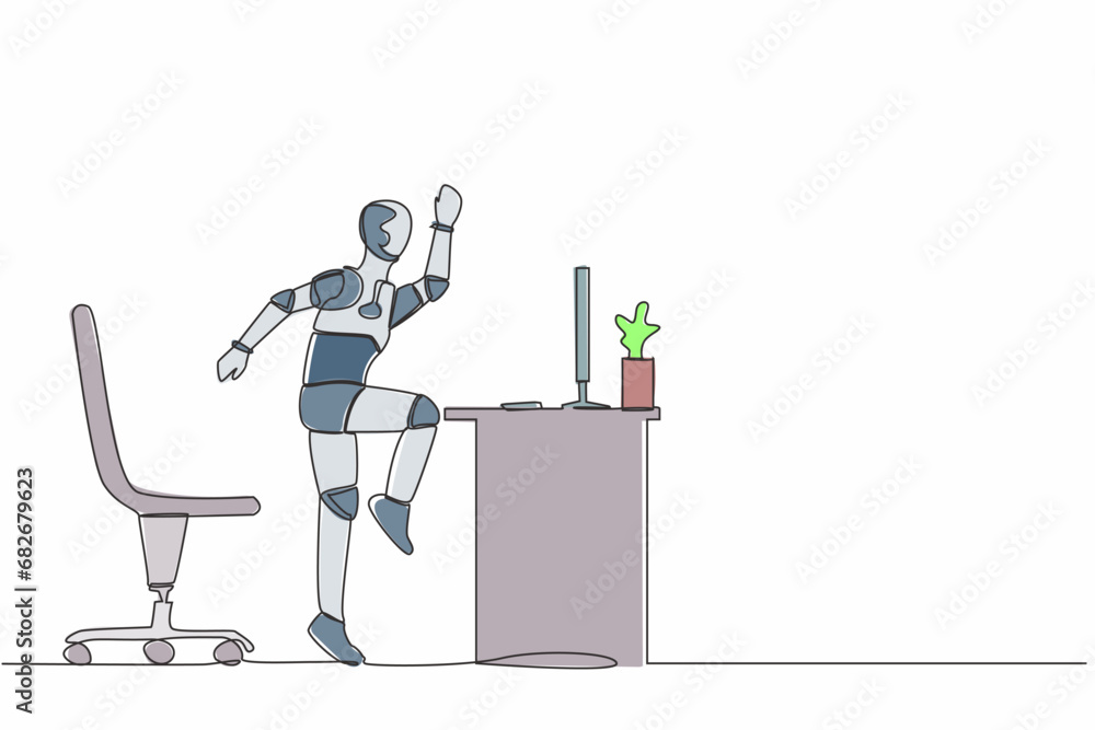 Poster single continuous line happy robot jumping and dancing on his workplace, computer desk. celebrating 