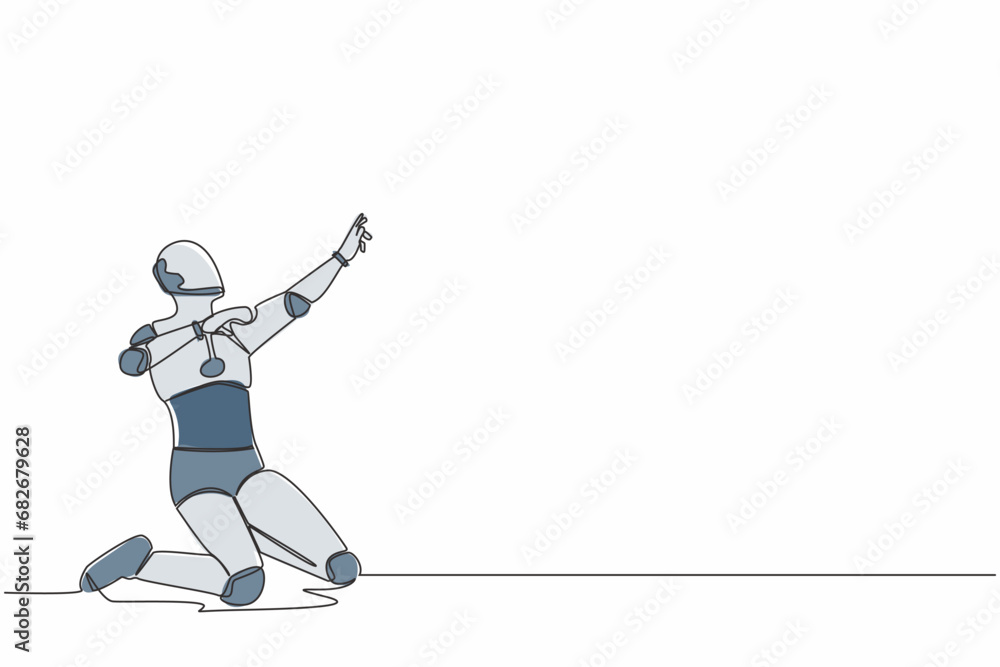 Aufkleber continuous one line drawing happy robot kneeling with celebrating goal pose. success business projec