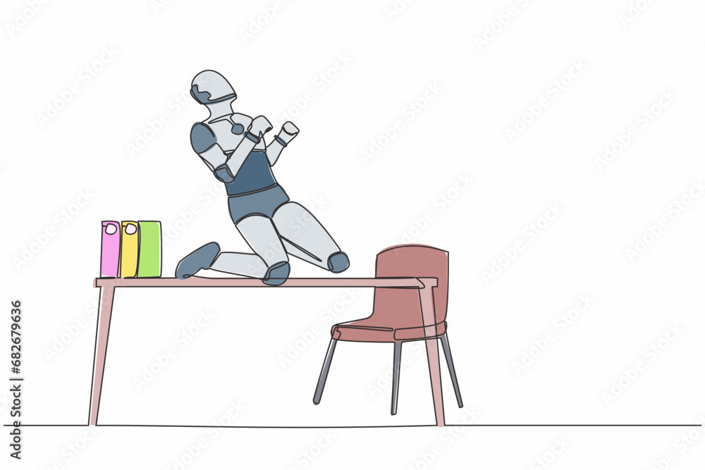 Poster single continuous line happy robot kneeling with celebrating goal pose on table desk. future technol