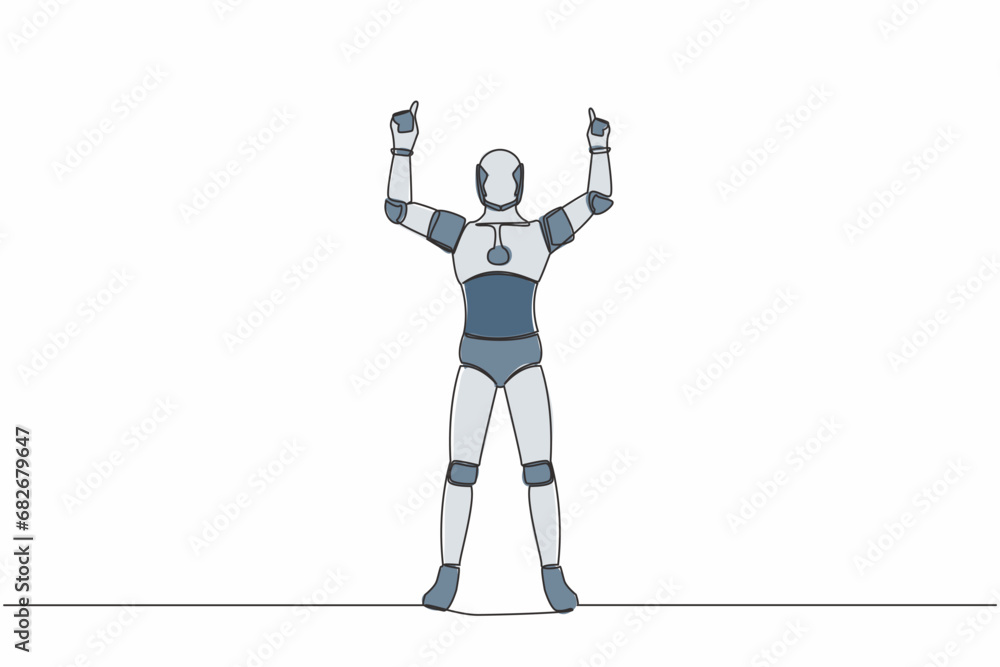 Poster single continuous line happy robot standing with both hands pointing index fingers up. celebrate win