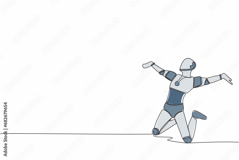Poster single continuous line happy robot jumping with raised legs and spread arms. future technology devel