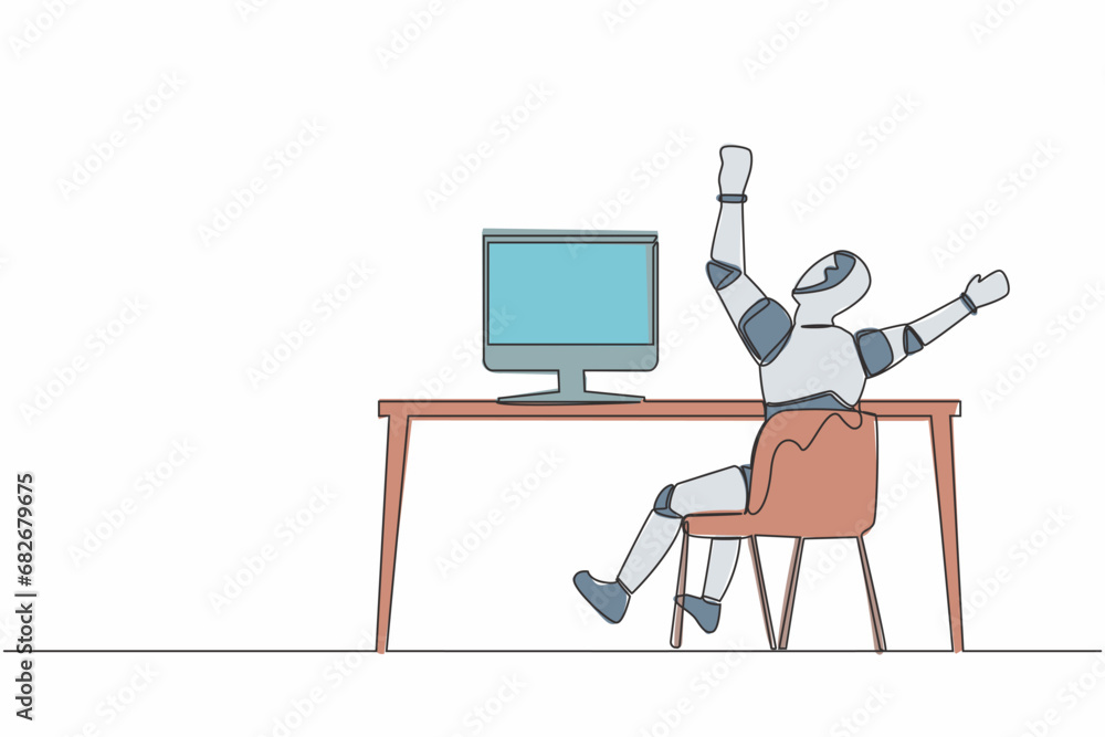 Poster continuous one line drawing back view of happy robot completed task and triumphing with raised hands
