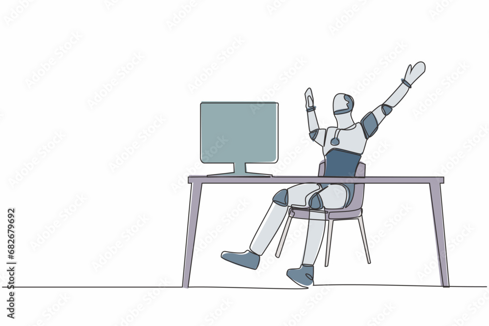 Poster single one line drawing happy robot sitting with raised hands near desk with computer. artificial in