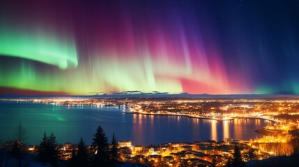 Aurora borealis above a metropolis cityscape. Green northern lights above urban area. Night sky with polar lights. Night winter landscape.