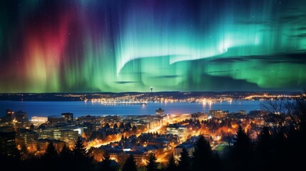 Aurora borealis above a metropolis cityscape. Green northern lights above urban area. Night sky with polar lights. Night winter landscape.