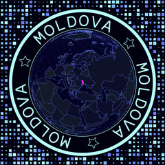 Moldova on globe vector. Futuristic satelite view of the world centered to Moldova. Geographical illustration with shape of country and squares background. Bright neon colors on dark background.