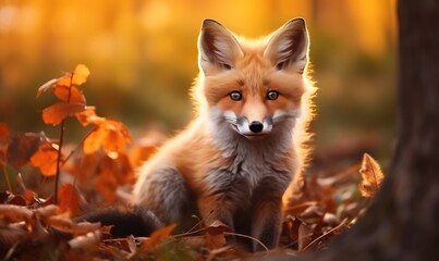 Naklejka na ściany i meble A Majestic Red Fox Lounging Amongst Autumn Leaves