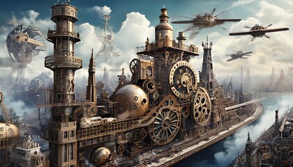 A bustling cityscape with a steampunk theme. Include intricate clockwork machinery
