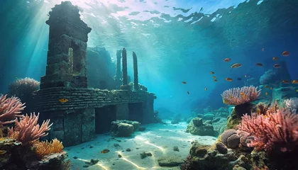 Fotobehang Underwater city teeming with bioluminescent creatures, coral structures, and futur  © Sankar