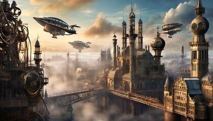bustling cityscape with a steampunk theme. Include intricate clockwork machiner - obrazy, fototapety, plakaty