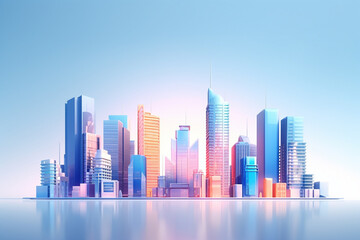 Fototapeta na wymiar Minimal colorful graphic illustration art of tall building cityscape on a clear blue sky background. Generative AI.