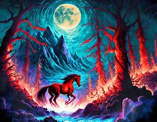 forest, night, red moon, stormy sea, lightning, swords, fire, ice, flowers, horse