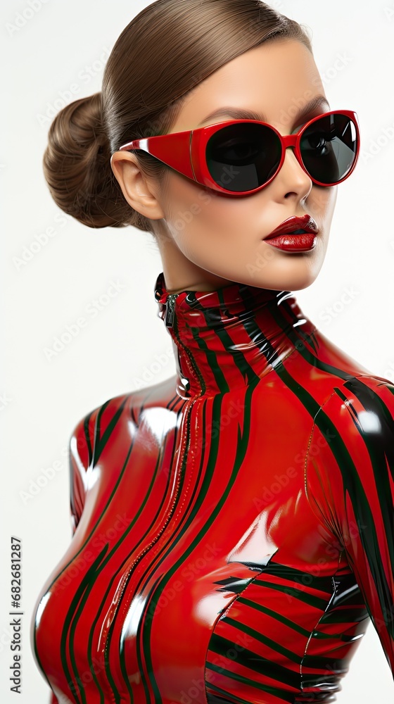 Wall mural beautiful young blonde woman wearing a red latex suitand dark sunglases - high fashion studio portrait on white background