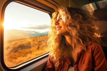 Woman traveling by train and looking through the window with sun shining. A travel concept, chasing her dreams, - obrazy, fototapety, plakaty