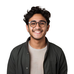 Indian university student Wearing glasses smiling happily on transparent background PNG - obrazy, fototapety, plakaty