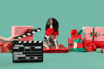 Cute cocker spaniel with Christmas gifts and movie clapper on green background