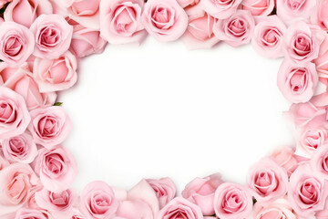 Fototapeta na wymiar White background with pink roses arranged in square frame on the bottom.