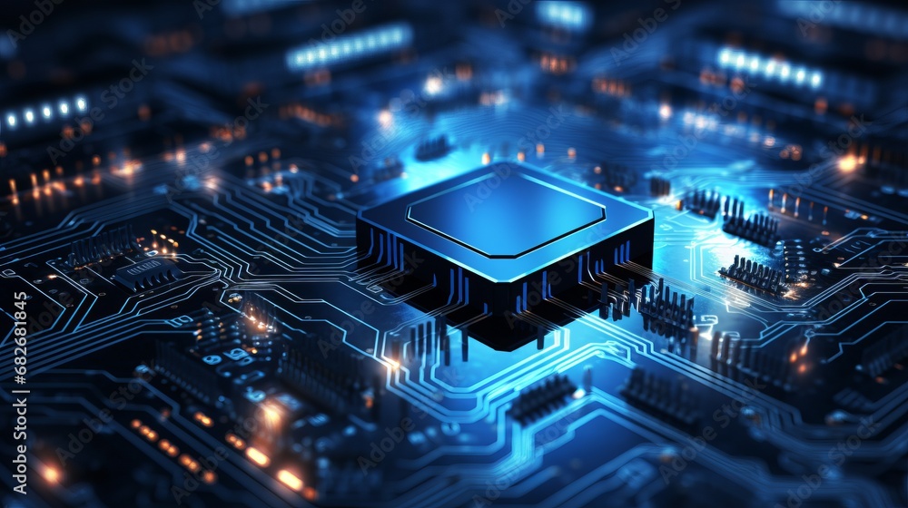 Fototapete a macro image of a processor or a graphic card and electronic circuit, technological device storing 