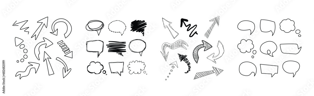 Poster black arrow sign and empty speech bubble or balloon vector set